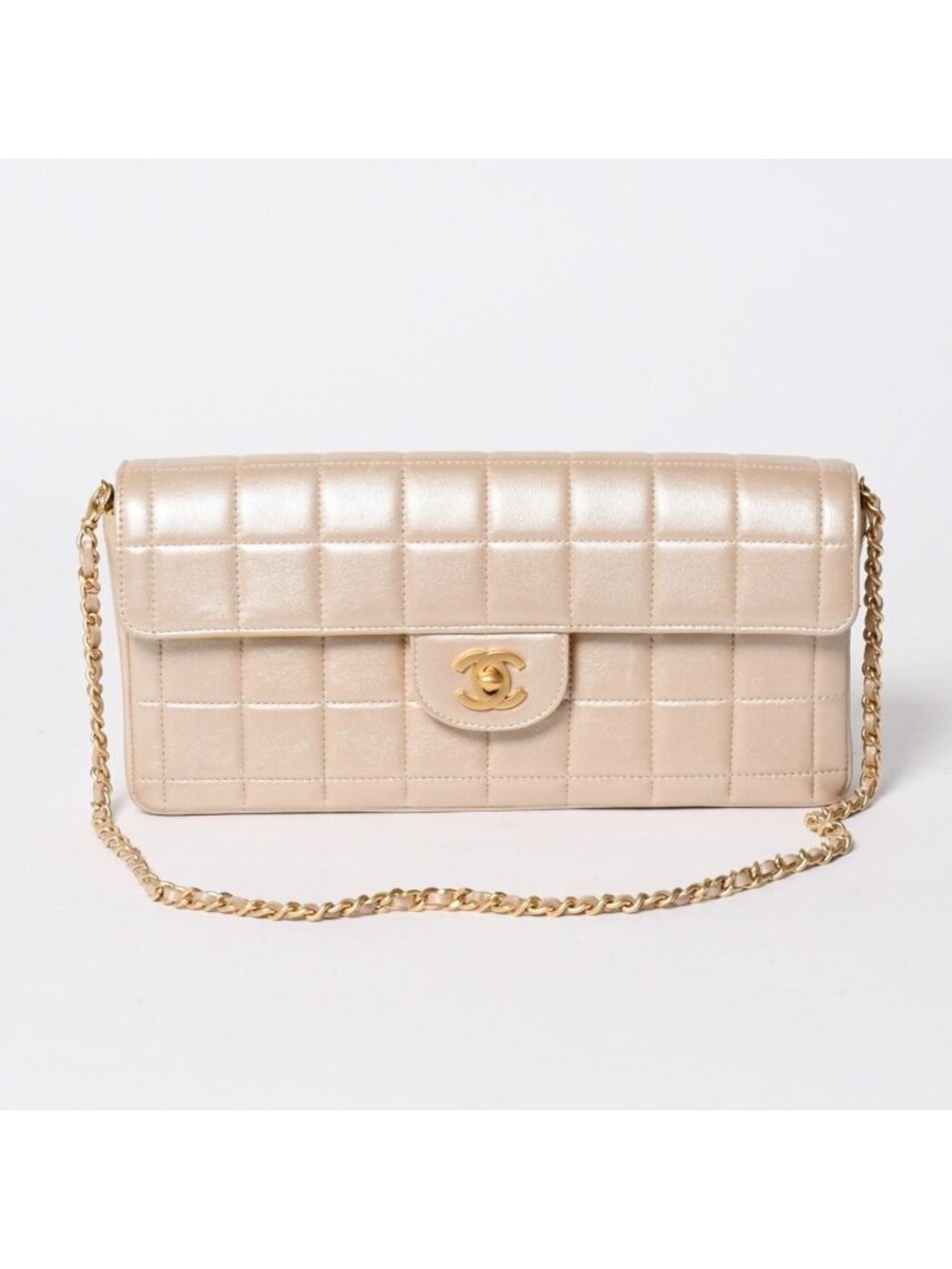 Chanel Choco Bar East West Chain Shoulder Bag CC Logo Lambskin Champagne Gold